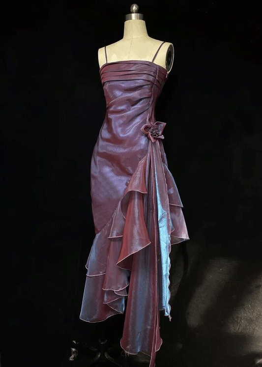 Spaghetti Straps Purple Mermaid Vintage Ruffled Prom Dress SH1395
