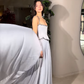 High-class Light Grey A Line Straps Beaded Satin Prom Dress Evening Dress SH6755