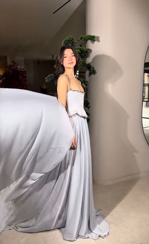 High-class Light Grey A Line Straps Beaded Satin Prom Dress Evening Dress SH6755