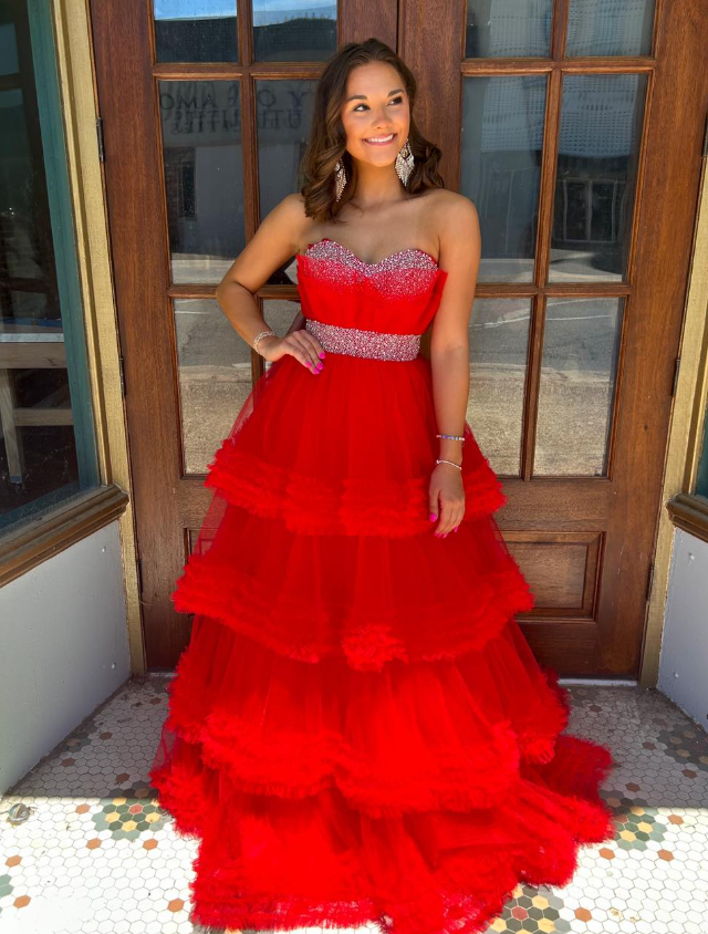 Stunning Red A Line Strapless Beaded Layered Tulle Long Prom Dress Evening Dress SH6809