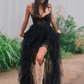 Sexy A Line Spaghetti Strap Corset Ruffle Lace Long Prom Dress Evening Dress with Slit SH2017