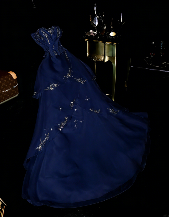 Blue Princess A Line Sweetheart Neck Beaded Layered Organza Prom Dress Wedding Guest Dress SH4538