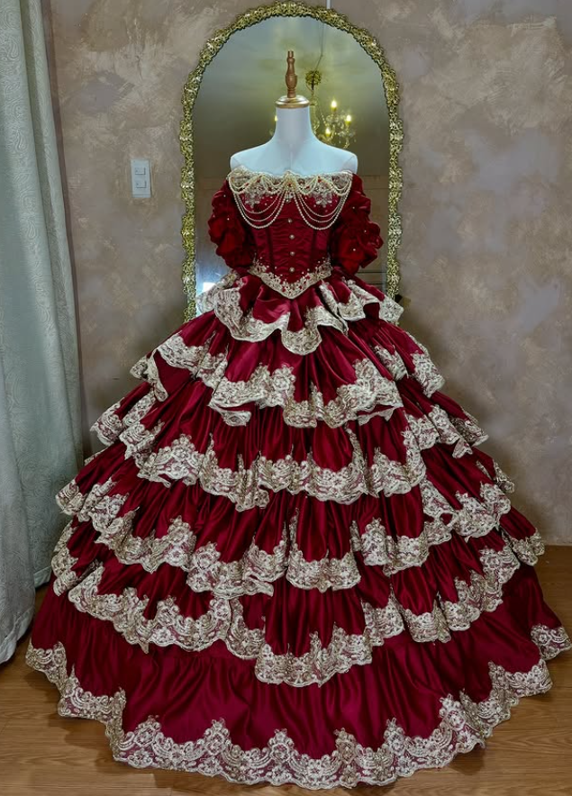 Burgundy Ball Gown Off the Shoulder Layered Lace Beaded Satin Quinceanera Dresses SH4871