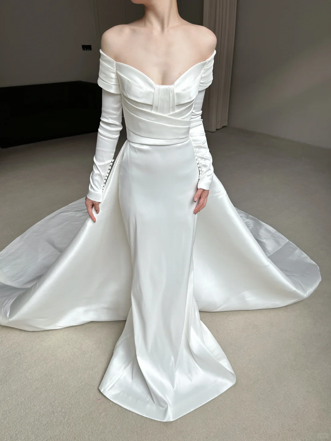 Unique Mermaid Long Sweep Pleated White Simple Satin Long Sweep Wedding Dress SH4758