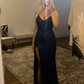 Gold Sequin V Neck Slit Prom Dress Evening Dress SH1122