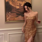 Sexy Sheath Spaghetti Straps Golden Sequin Prom Dress Evening Dress 16th Birthday Dress SH4051