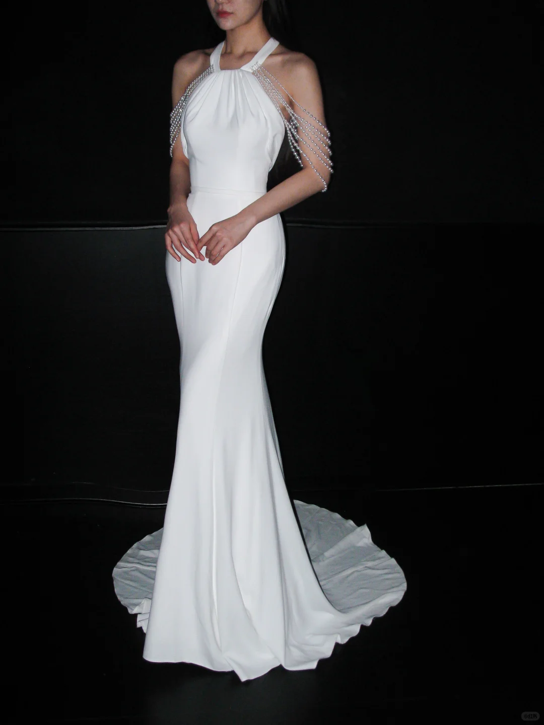 Chic Mermaid Halter White Pearl Satin Backless Wedding Dress SH8915