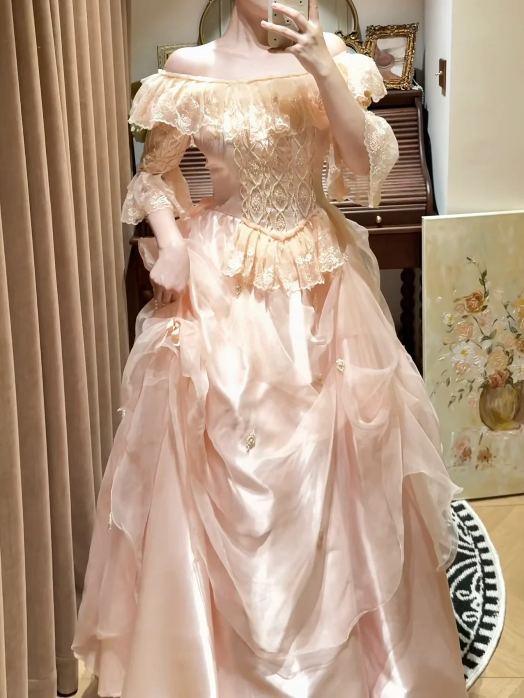 Vintage Light Pink Ball Gown Sleeve Lace Organza Satin Prom Dresses 18th Birthday Dresses SH4642