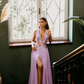 Exquisite Floral A Line V Neck Purple Chiffon Backless Prom Dress Evening Dress SH6334