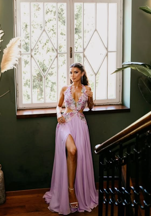 Exquisite Floral A Line V Neck Purple Chiffon Backless Prom Dress Evening Dress SH6334