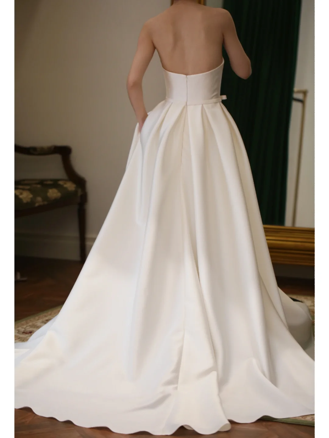 Simple A Line Strapless Bow White Satin Wedding Dress SH5235