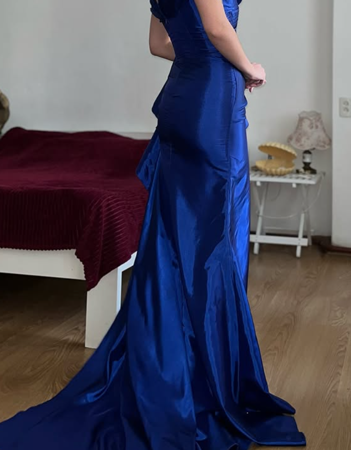 Vintage Royal Blue Mermaid V Neck Satin Slit Prom Dress Evening Dress Date Dress SH5635