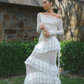 Elegant Sheath Long Sleeve Ruffles White Lace Chiffon Prom Dress Evening Dress SH1888