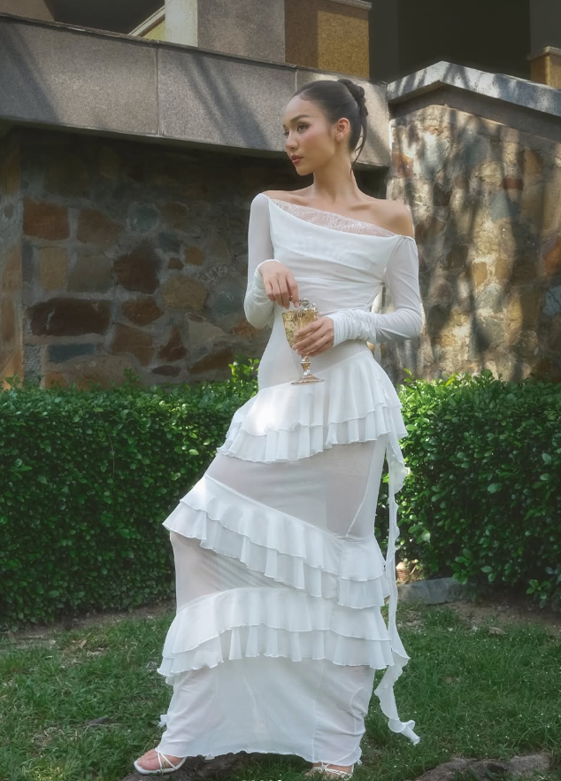 Elegant Sheath Long Sleeve Ruffles White Lace Chiffon Prom Dress Evening Dress SH1888