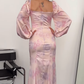 Pink Mermaid Long Sleeve Print Floral Satin Long Prom Dress Party Dress SH4847