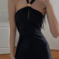 Elegant Simple Black Mermaid Halter Satin Evening Dress Party Dress Formal Dress SH3953