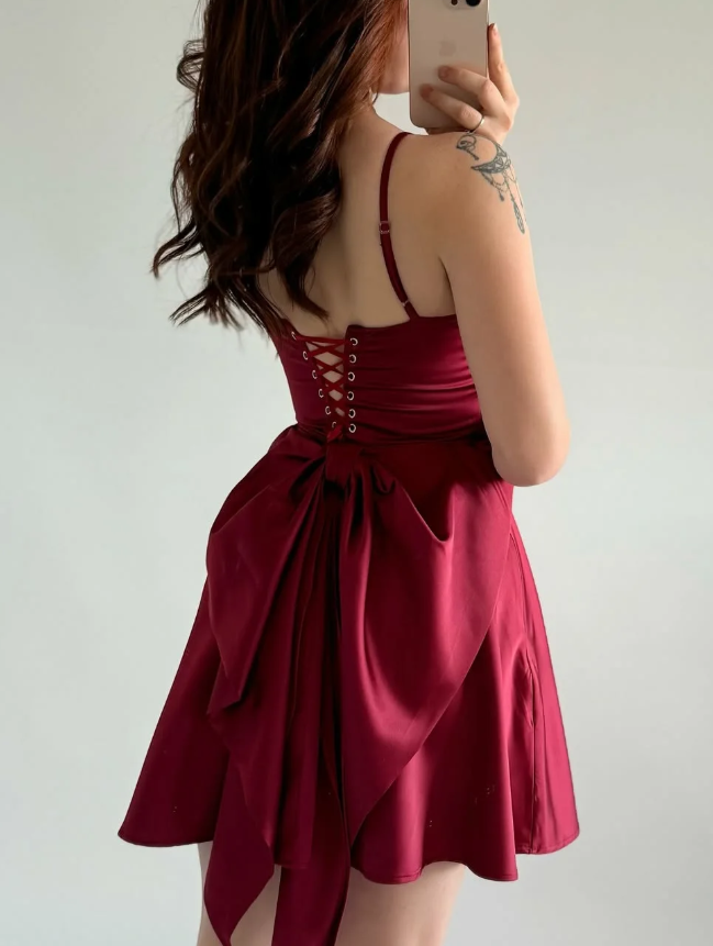 Simple Burgundy A Line Spaghetti Straps Bow Satin Short Prom Dress Homecoming Dress SH6011