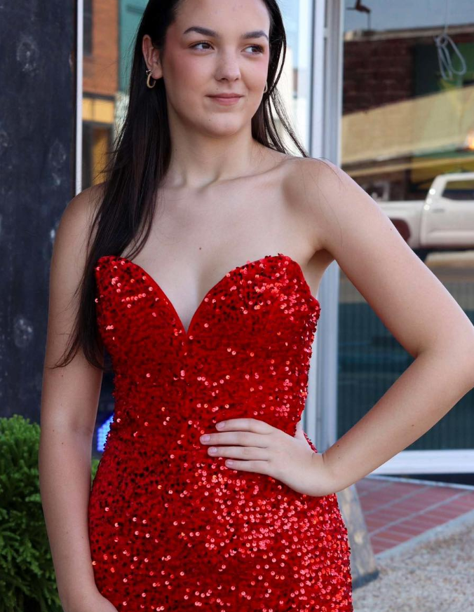 Shiny Red Sequin Mermaid Sweetheart Neck Long Prom Dress Evening Dress with Slit SH6817