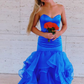 Fashion Strapless Blue Mermaid Layered Tulle Long Prom Dress SH767