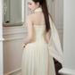 Simple Light Apricot A Line Strapless Chiffon Long Prom Dress Date Dress SH4676