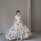 Gentle A Line Straps Print Layered White Chiffon Long Prom Dress Evening Dress SH7702