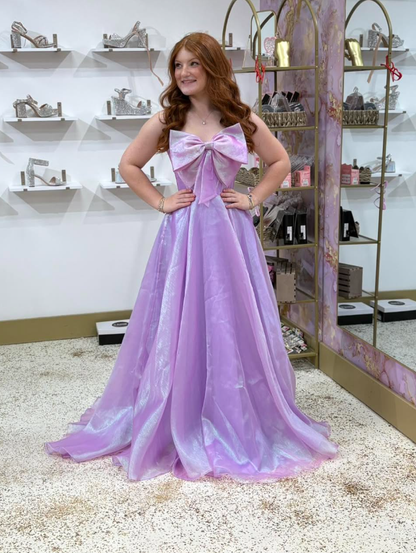 Shiny Purple A Line Strapless Bow Tulle Long Prom Dress Evening Dress SH7237
