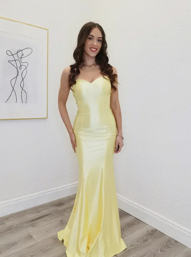 Simple Yellow Mermaid Strapless Satin Long Prom Dress Evening Dress SH6664