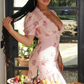 Cute A Line V Neck Print Flower Pink Lace Satin  Prom Dress Evening Dress SH2345