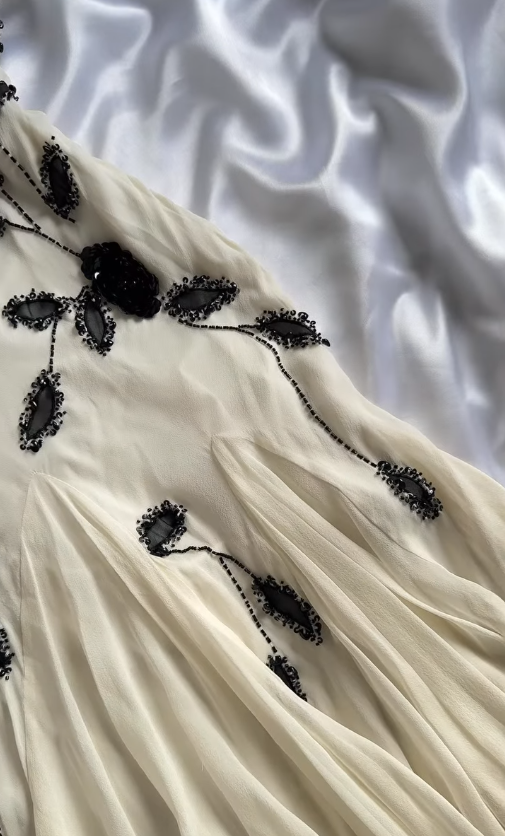 Vintage Tea Length A Line Black Beaded Apricot Chiffon Party Dress Prom Dress SH5467