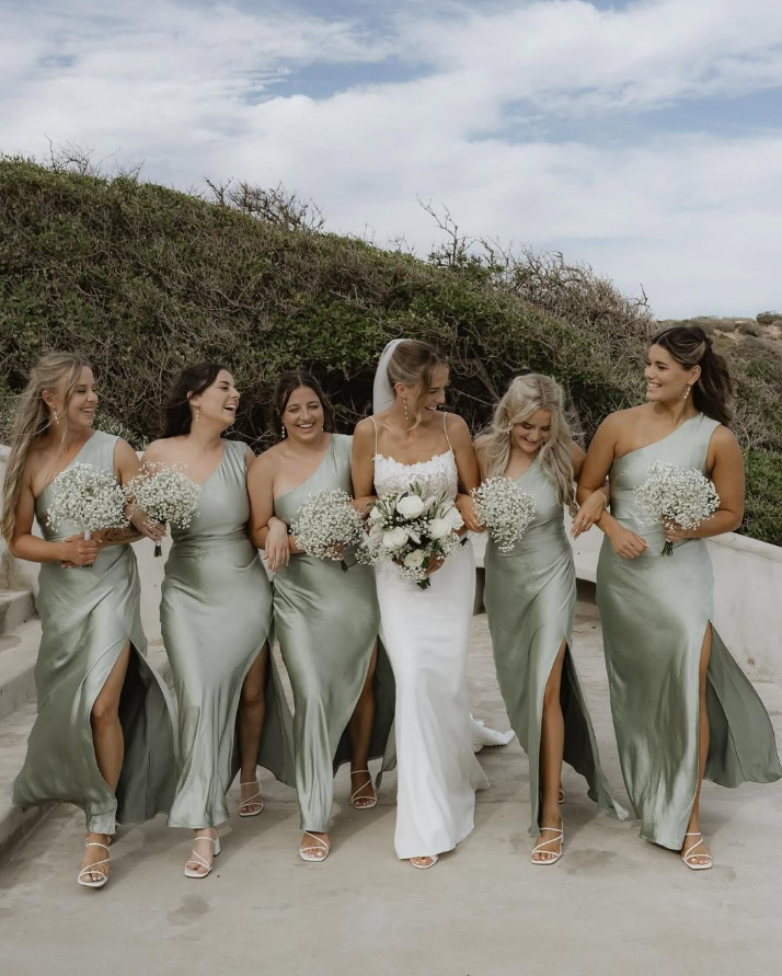 Pretty Sheath One Shoulder Green Satin Bridesmaid Dress Evening Dress with Slit SH3203