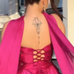 Hot Pink A Line Strapless Beaded Satin Long Prom Dress Wedding Guest Dress SH5412