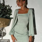 Burgundy Sheath Long Sleeve Pleated Satin Mini Homecoming Dress Cocktail Dress SH4343