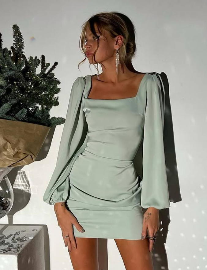 Burgundy Sheath Long Sleeve Pleated Satin Mini Homecoming Dress Cocktail Dress SH4343