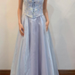 Blue A Line Spaghetti Strap Embroidered Tulle Satin Prom Dress Evening Dress SH2042