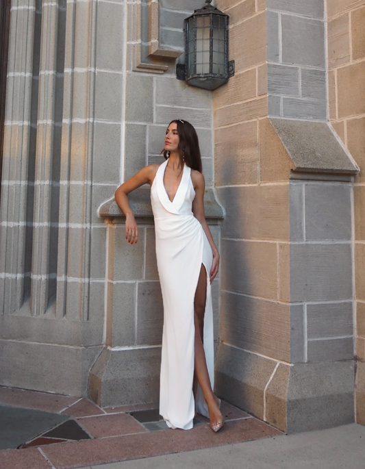 Simple Sheath V Neck White Satin Long Prom Dress Wedding Dress with Slit SH4707