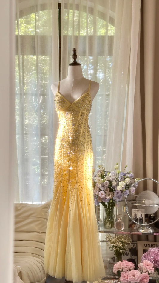 Light Yellow Mermaid Spaghetti Strap Sequin Beaded Chiffon Open Back Party Dress Evening Dress SH2934