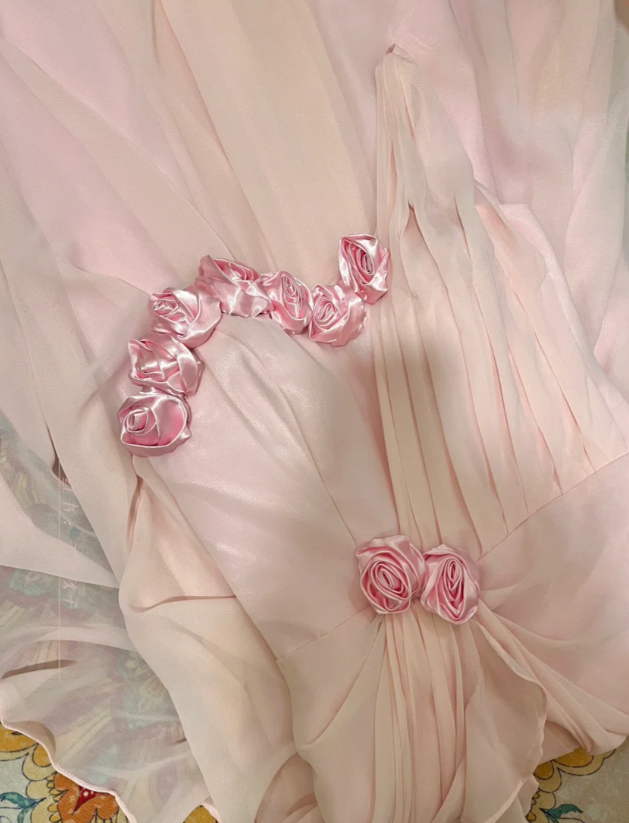 Gentle Pink One Shoulder Floral Pleated Chiffon Long Prom Dresses 16th Birthday Dresses SH4637