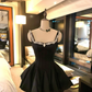 Black A Line Strap Rhinestone Satin Short Prom Dress Homecoming Dress SH7179