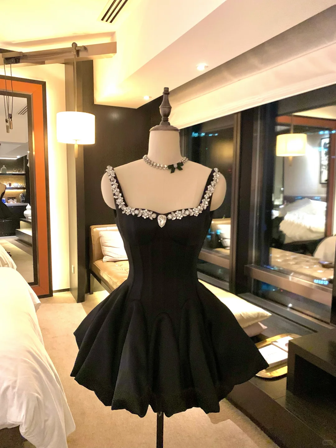 Black A Line Strap Rhinestone Satin Short Prom Dress Homecoming Dress SH7179