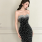 Unique Pearl Mermaid Sweetheart Neck Black Satin Long Date Dress Evening Dress Prom Dress SH3445
