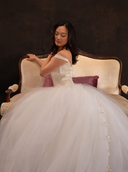 Pretty A Line Off the Shoulder Corset Tulle Satin Long Wedding Dress SH6094