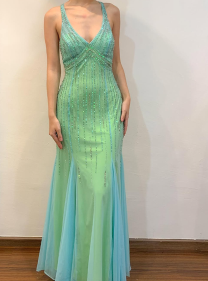 Green Mermaid Halter V Neck Beaded Chiffon Open Back Prom Dress Evening Dress SH2170
