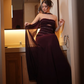 Dark Burgundy A Line Strapless Beaded Chiffon Prom Dress Evening Dress SH6525