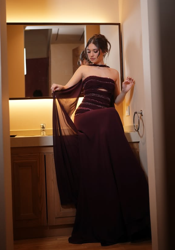 Dark Burgundy A Line Strapless Beaded Chiffon Prom Dress Evening Dress SH6525