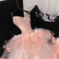 3D Floral Ball Gown Strapless Feather Sequin Tulle Prom Dress Party Dress SH3413