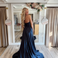 Elegant A Line Sweetheart Neck Navy Blue Satin Long Prom Dress Evening Dress SH2315