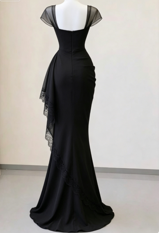Elegant Black Mermaid Straps Pleated Chiffon Prom Dress Evening Dress SH5498