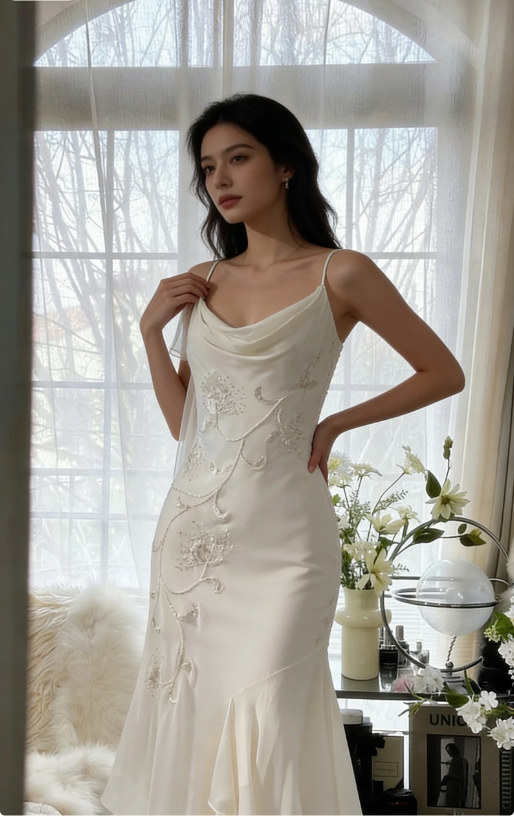 Elegant Mermaid Spaghetti Strap Beaded White Chiffon Prom Dress Graduation Prom Dress SH2560