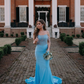 Glamorous Mermaid Off the Shoulder Beaded Blue Satin Long Prom Dress Evening Dress SH7224