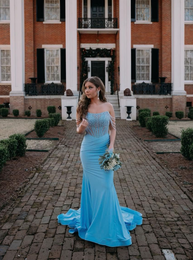 Glamorous Mermaid Off the Shoulder Beaded Blue Satin Long Prom Dress Evening Dress SH7224